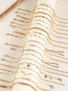 19pcs/1pc Elegant Faux Pearl Butterfly & Star Charm Golden Color Bracelet Set, Suitable For Women Daily Wear, Holiday Gift, Party - Yellow Gold - View 2