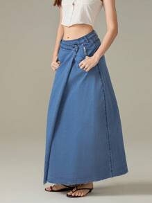 Womens Denim Wrap Long Skirt A-Line Hem Solid Color Button-Up Closure Casual Skirts - Royal Blue - View 6
