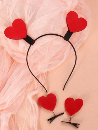 1pc Heart Headband + 2pcs Heart Hair Clips, Cute Valentine's Day Party Accessories For Girls