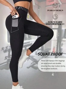 Sport Studio Letter Pockets Sports Yoga Pants Hip Lifting Legging High Waisted Pants Hig Elastic Trousers Fit Soft Fabrics Seamless Basics Casual Simple Sports Breathable Quick-Drying Cooling Cycling Running Strength Workout