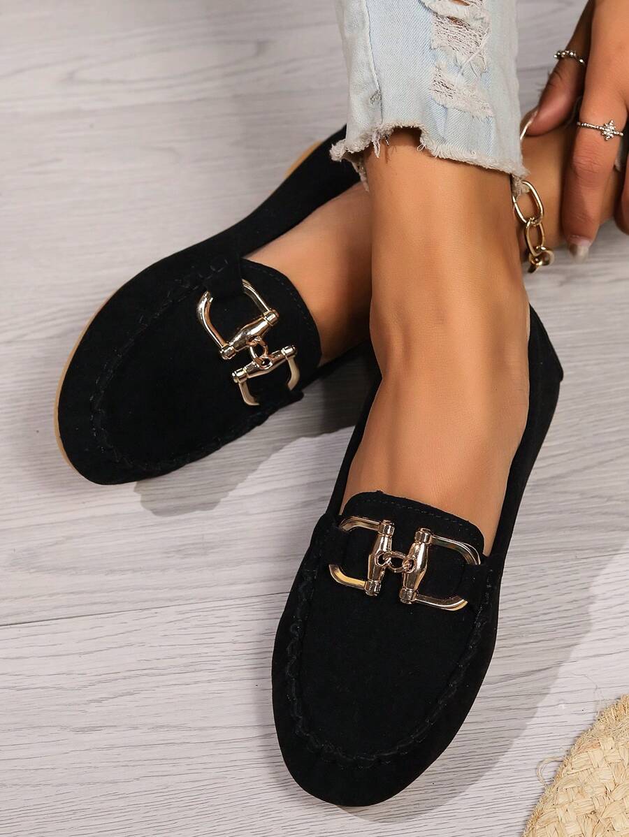Fall/Winter New Slip-On Loafers, Solid Color, Versatile & Comfortable, Breathable, Metal Buckle Decor, Handmade Canvas Flat Boat Shoes For Women, Suitable For Daily Commute, Black,Sneakers For Women - Black - View 1