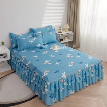 Juego de 3 piezas de falda de cama, juego de ropa de cama con estampado floral para todas las estaciones con antideslizante, decoración de dormitorio y hotel (Falda de cama*1 + Funda de almohada*2, sin inserto)