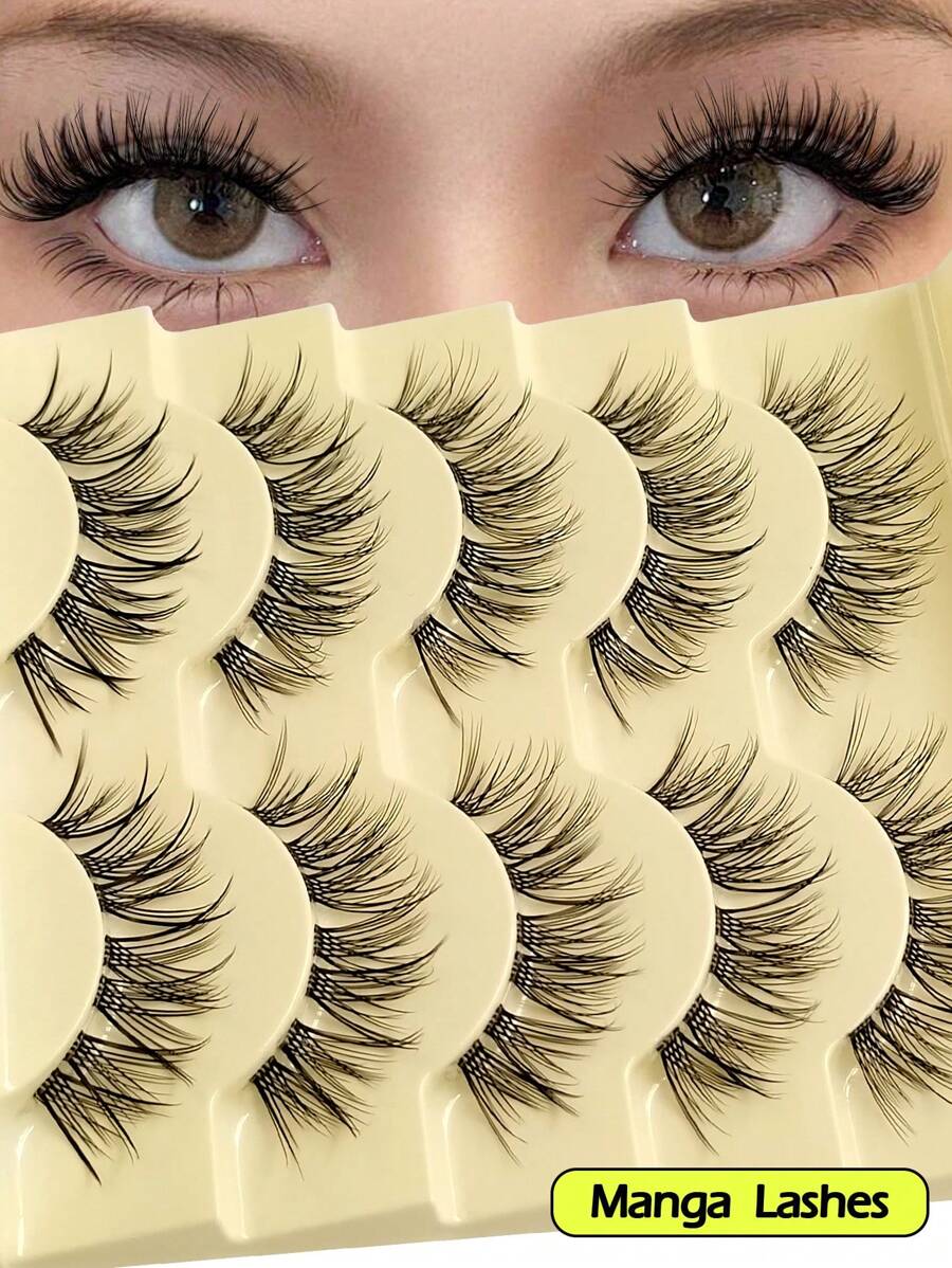 Asiteo 5 对 Manga Wispy 鱼尾假睫毛，初学者友好，透明茎自然睫毛，适合宴会、派对、日常佩戴