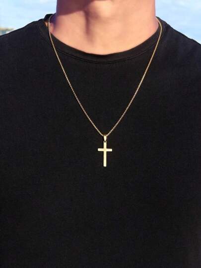 Gold Minimalist Cross Necklace For Men, Men's Stainless Steel Gold Cross Pendant Necklace,Basic Jewelry Necklace, Men's Jewelry Gift For Him