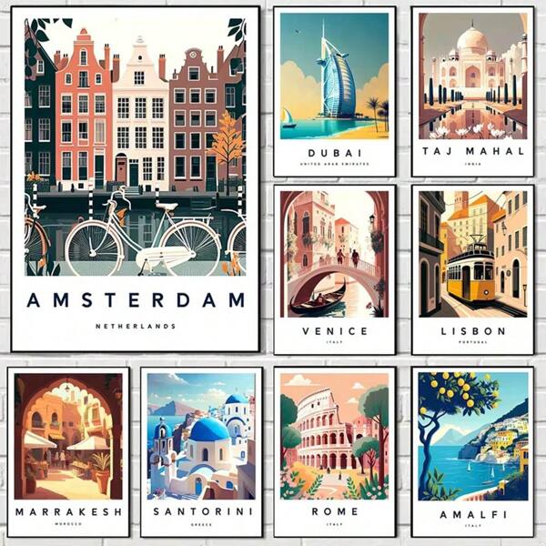 1 Stück Wandkunst Poster Reise Moderne Touristisch Stadt Landschaftsplakate Griechenland Italien Florenz Paris Frankreich Leinwand Wandbild, Leinwandkunst, hohe Qualität, Ohne Rahmen