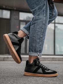 经典黑色皮革面板系带男士高帮户外靴，复古简约日常休闲情侣运动滑板鞋 - 黑色 - 查看 9