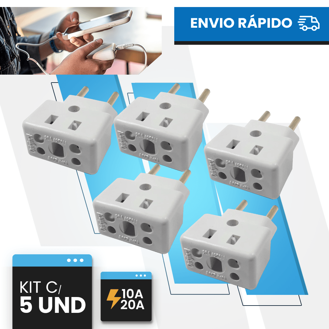 Adaptador de Tomada Kit C/5 Benjamin 10A/20A Pino Maciço Bob Resistente Chapinha secador, Ferro Passar e Air Fryer