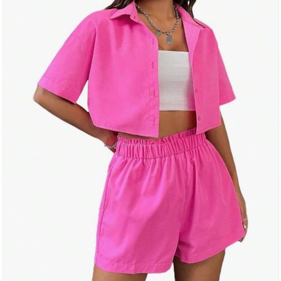 3-Piece Set Short Crop Top Blouse Straps Shirt Youth Fresh - 玫紅色 - 查看 1