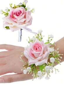Bộ 2 hoa cài áo và hoa cài ve áo hình hoa hồng, vòng tay hoa cài áo giả ngọc trai cho dạ hội, vòng tay hoa cài áo dự tiệc, hoa cài ve áo cho nam, phụ kiện hoa cưới, trang trí vest dạ hội, hoa hồng, bạch đàn, hoa cẩm chướng, phụ kiện ngày Valentine. - Nhiều màu - Xem 20