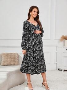 女式春季花卉褶皱娃娃裙孕妇长袖雪纺连衣裙