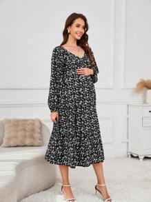Vestido de chiffon de manga comprida com babados florais para maternidade primavera feminina