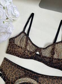 Wilder durchsichtiger Leoparden-Muster Lingerie Strumpfhalter Set, Rave