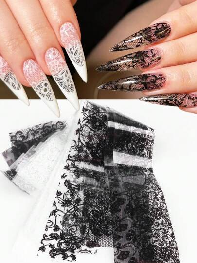 ملصقات نقل فويل فني الأظافر بتصميمات أزهار وألسنة وطراز رجعي 10 قطع من دانتيل أسود أبيض (لا يشمل الصق)