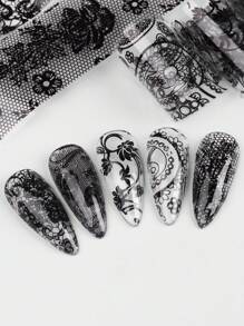 Autocollants de transfert de folie art des ongles en dentelle noire et blanche. Pétales de fleurs sexy rétro. Fournitures d'art des ongles. Papier étoilé holographique transfert foil DIY pour manucure 10 pièces (adhésif non inclus)