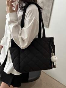 2024新款时尚大容量菱格纹双提手单肩手提包，轻便易携，适合户外旅行，饰有动物吊坠。女士手提包，大学必备单品