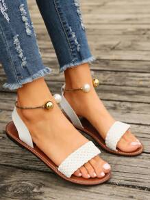 Sandalias planas decorativas tejidas para mujer, sandalias de playa con cuentas