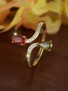 Unique Charming 925 Sterling Silver Gold Rose Red Olive Green Zirconia Open Ring, Luxury Jewelry Gift Suitable For Women Party & Daily Wear - Gold - View 3