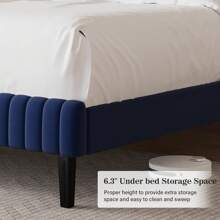 Twin/ Full/ Queen/ King Upholstered Size Bed Frame, Adjustable Velvet Headboard, Modern Bed Frame With Horizontal Channel Design, Strong Wooden Slats Support, No Box Spring Needed, Noise-Free, Easy Assembly, Twin Bed Frame Room Decor Home Decor Christmas Decor Bedroom Decor Valentine Day Decor Storage Living Room Decor Furniture House Decor, Pink/ Green/ Black/ Blue/ White - 藍色 - 查看 4