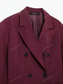 Chaqueta de blazer burdeos elegante para mujer, de manga larga con solapa entallada y doble botonadura, abrigo de vestir para oficina y negocios
