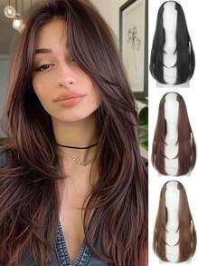 女士假发四夹一体式分层接发（18-28 英寸）合成发 V 形长直夹入式接发日常派对装饰，深棕色