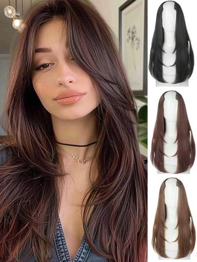 女士假发四夹一体式分层接发（18-28 英寸）合成发 V 形长直夹入式接发日常派对装饰，深棕色