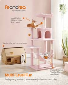 Feandrea Cat Tree, 143 Cm Cat Tower For Indoor Cats, Multi-Level Plush Cat Condo With 4 Scratching Posts, 2 Perches, Cave, Hammock, Pompoms, Jelly Pink