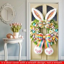 Happy Easter Rabbit Wreath Door Decor - Polyester, Vibrant Spring Farmhouse Decoration For Front Door & Porch, Perfect For Party Banner & Photo Backdrop - 1 - View 2