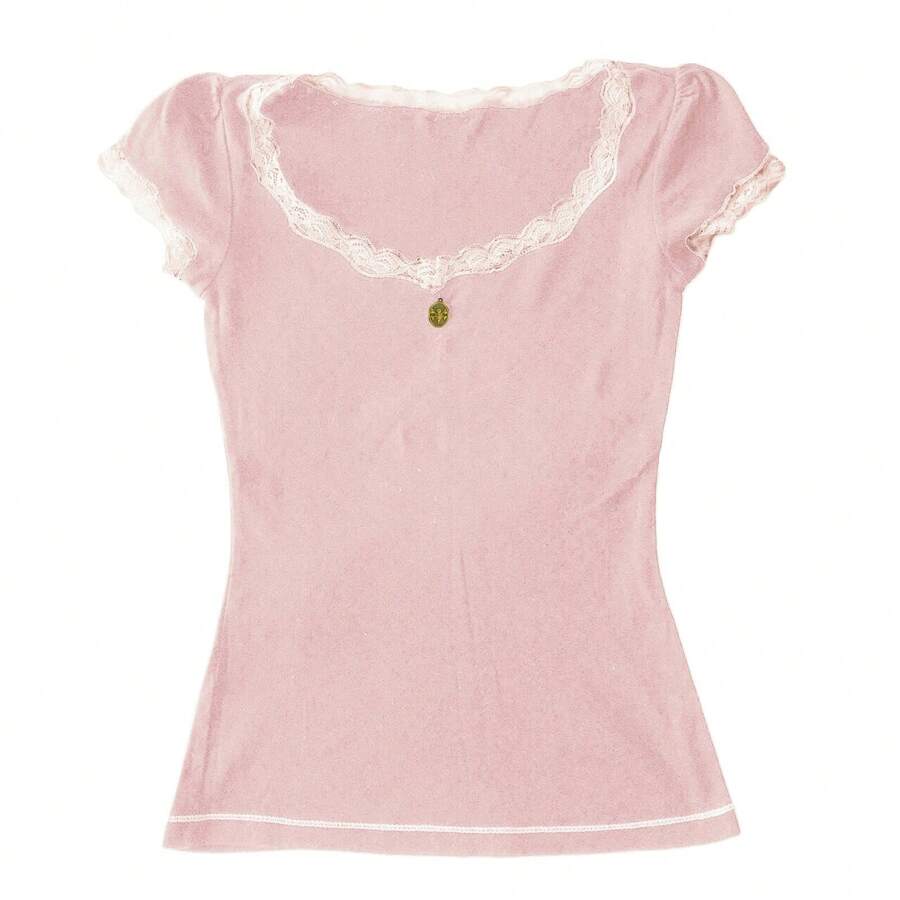 Women Y2K Fairy Lace Trim Shirts Tops Short Sleeve Crewneck T-Shirts Teen Girls Vintage Aesthetic Slim Fit Going Out Crop Tees Tops Streetwear - 粉色 - 查看 1