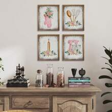 1/4 件厨师和厨师礼物 - 复古乡村花卉厨房标志 - 厨房餐厅帆布墙面艺术装饰 - 粉色厨房海报印刷 - 厨房餐厅勺子搅拌手套图片 - 节日餐厅装饰礼物生日毕业厨房装饰 - 彩色 - 查看 6