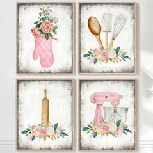 1/4 件厨师和厨师礼物 - 复古乡村花卉厨房标志 - 厨房餐厅帆布墙面艺术装饰 - 粉色厨房海报印刷 - 厨房餐厅勺子搅拌手套图片 - 节日餐厅装饰礼物生日毕业厨房装饰 - 彩色 - 查看 1