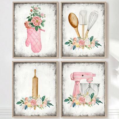 1/4 件厨师和厨师礼物 - 复古乡村花卉厨房标志 - 厨房餐厅帆布墙面艺术装饰 - 粉色厨房海报印刷 - 厨房餐厅勺子搅拌手套图片 - 节日餐厅装饰礼物生日毕业厨房装饰