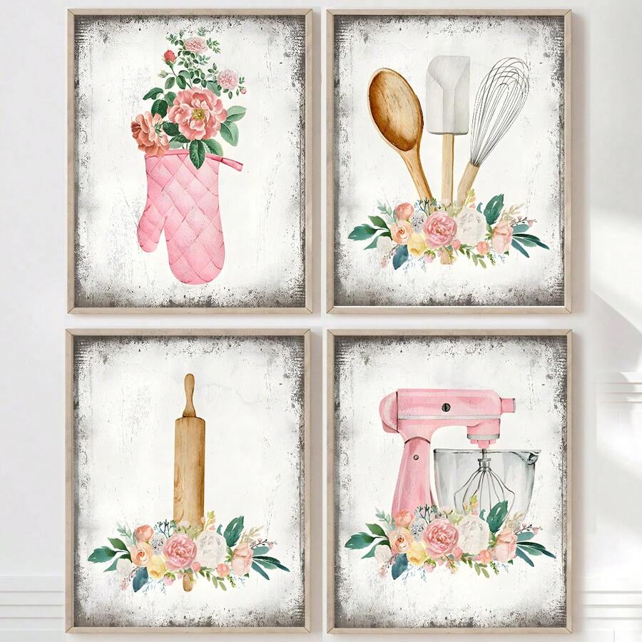 1/4 件厨师和厨师礼物 - 复古乡村花卉厨房标志 - 厨房餐厅帆布墙面艺术装饰 - 粉色厨房海报印刷 - 厨房餐厅勺子搅拌手套图片 - 节日餐厅装饰礼物生日毕业厨房装饰 - 彩色 - 查看 1