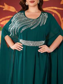 Plus Size Women's Solid Color Sequin Decor Belt Attached Abaya Maxi Dress, Elegant Summer - Dark Green - View 8