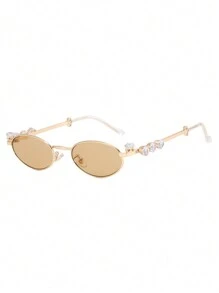 1pc Women's Oval Tiny Frame Personalized Rhinestone Studded Metal Design Vintage Elegant Luxe Punk Chic European & American Fashion Statement Party Glasses For Summer Beach Vacation, Outdoor, Travel - Multicolor - View 7