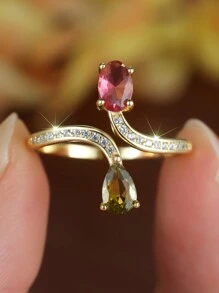 Unique Charming 925 Sterling Silver Gold Rose Red Olive Green Zirconia Open Ring, Luxury Jewelry Gift Suitable For Women Party & Daily Wear - Gold - View 8