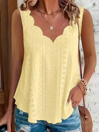 Plus Size Casual Solid Color Brocade Fabric V-Neck Sleeveless Tank Top