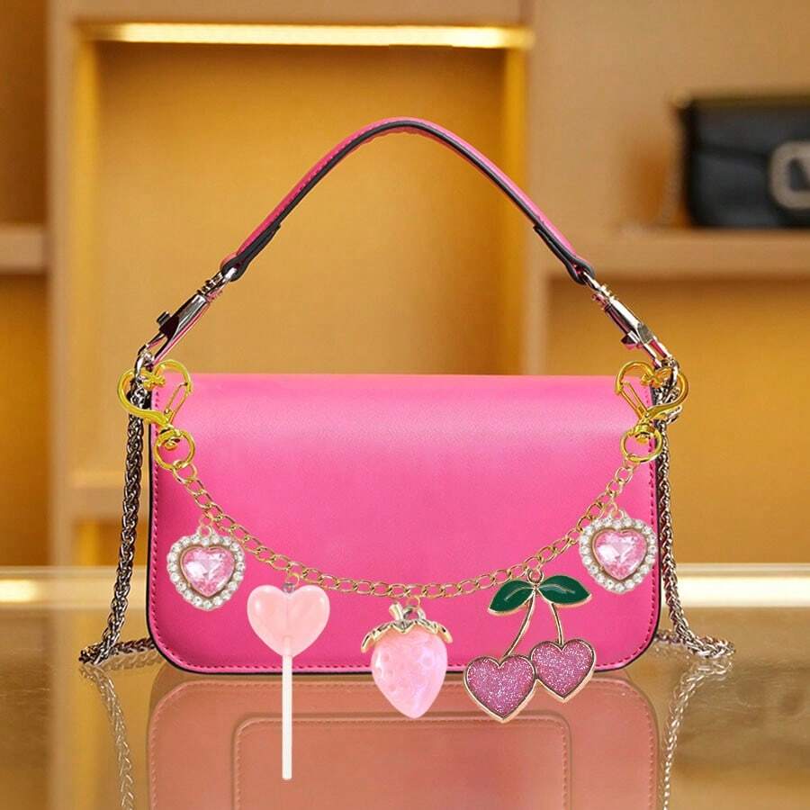 Gold Chain & Pink Heart Cherry Bag Purse Charms Chain Bag Decoration Chain Charm Decorative Bag Chain Charms Accessories Gifts For Shoulder Crossbody Underarm Bag Keychain Charms Cherry Bag Charm Cherry Charm Valentines