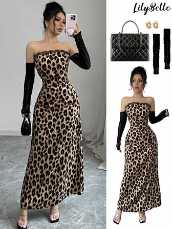 优雅派对蕾丝豹纹拼布露肩网眼蕾丝连衣裙，适合新年、情人节聚会、休闲装