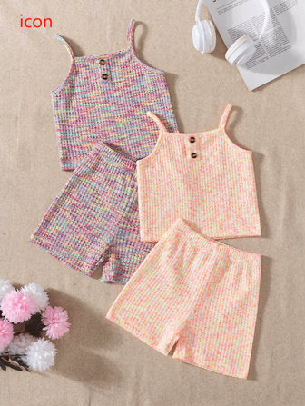 Set de 4 piezas para niñas con top tipo camiseta de punto de colores de moda y shorts de cintura elástica para verano y deportes al aire libre