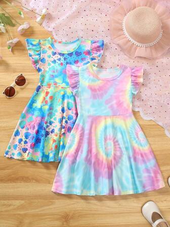 2 件套女童夏季连衣裙，时尚休闲可爱彩色心形扎染印花圆领无袖背心裙