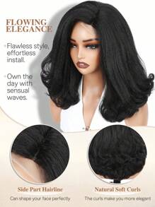 Yaki Kinky Straight Glueless Loose Wavy Bob Wigs Big Small Lace Front Body Wave Wig Synthetic Curly Lady Side Part Natural Hairline Wigs For Women (Black, 16 Inches) - Black - View 8