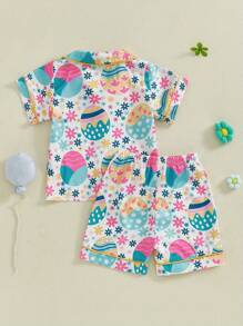 Girls 2PCS Sets Short Sleeve Lapel Button Up Dount/Clover/Egg/Leopard Heart Print Shirt Shorts