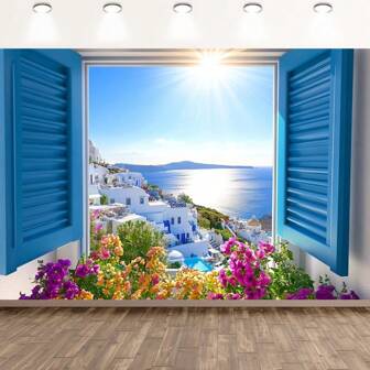 1pc Mamma Mia Inspired Party Background - Greek Blue Shutters With Aegean Sea And Blooming Flowers, Polyester Photography Backdrop, Suitable For Birthday And Anniversary Decoration, Cloth Banner, Mobile Occasion, Anniversary, And General Occasions