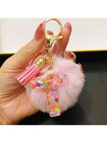 1 Pc,Alphabet Initial Letter Keychain Cute Plush Pom Pom Key Chain Ring Bag Backpack Charm Car Hanging Pendant Women Girls Gift,Cute Sequins Resin Key Chain,Wallet And Handbag Accessories, Keychain With Tassels,Alphabet Initial Letter A-Y - Pink - View 19