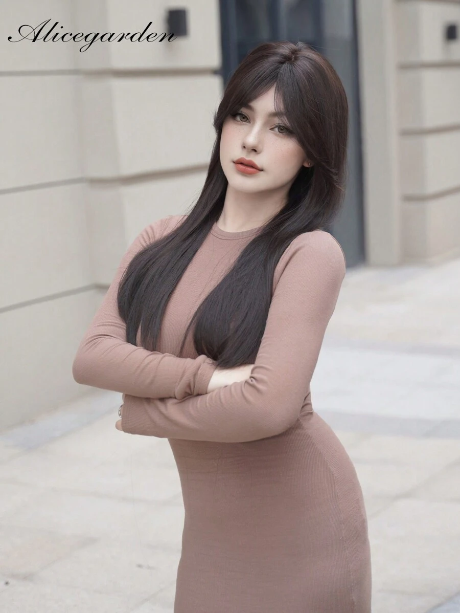 alicegarden 1 片合成耐热直发带刘海假发黑棕色 26 英寸全编织日常自然逼真假发。 - Black-brown - 查看 1