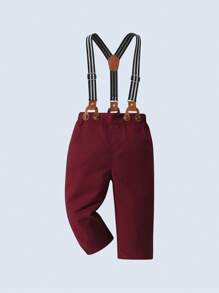 BOARNSEORL 2pcs Young Boys Gentleman Outfit - Long Sleeve Collared Shirt With Bow Tie And Suspender Pants, Suitable For Birthday Party, 1st Birthday, Christmas Party, Wedding, Formal Occasion - 紅色 - 查看 7