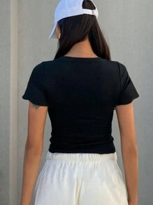 Customizable V-Neck T-Shirt, Can Add Text, Choose Font And Color Black Summer - Black - View 3