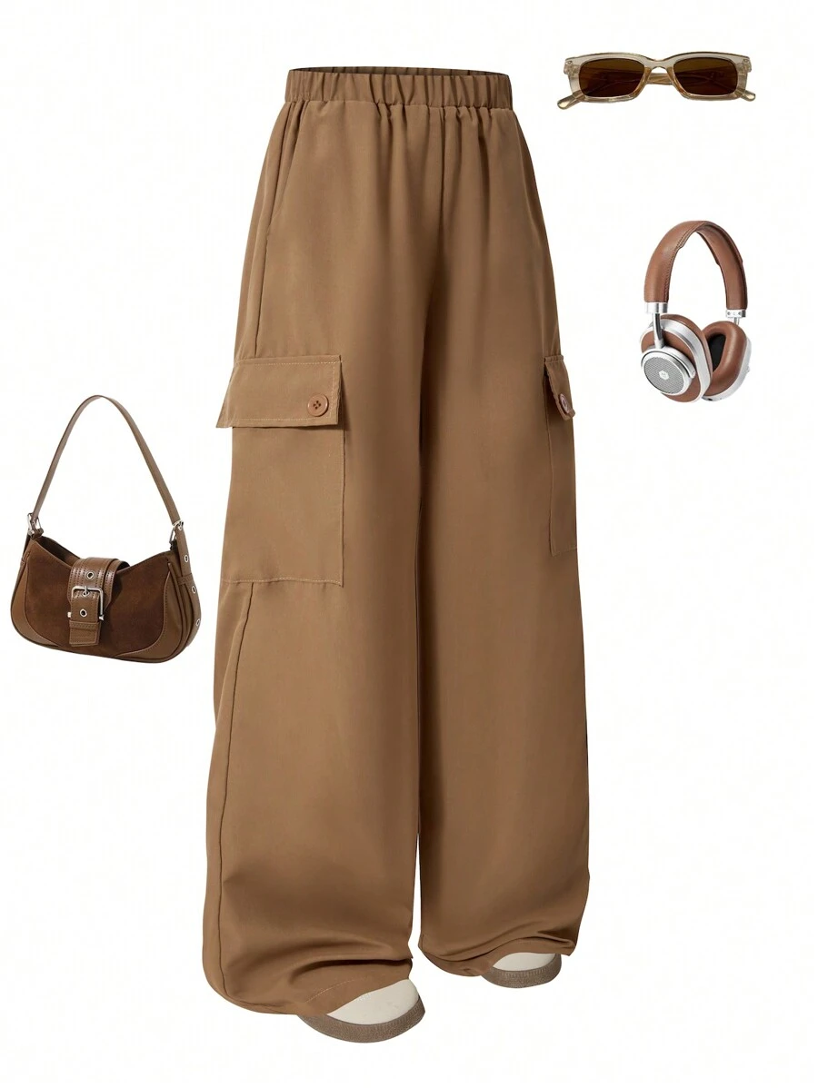 Pantalon décontracté à la mode, lâche et simple, de couleur marron, à jambe droite, convenant aux préadolescentes. Conception à plusieurs poches. Convient pour le printemps et l'automne. Vêtements quotidiens, de plein air, de fête et de campus