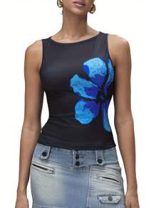 Women's Crop Tank Tops Fitted Flower Print Boat Neck Sleeveless Summer Tops For Party Club - Blue - View 4