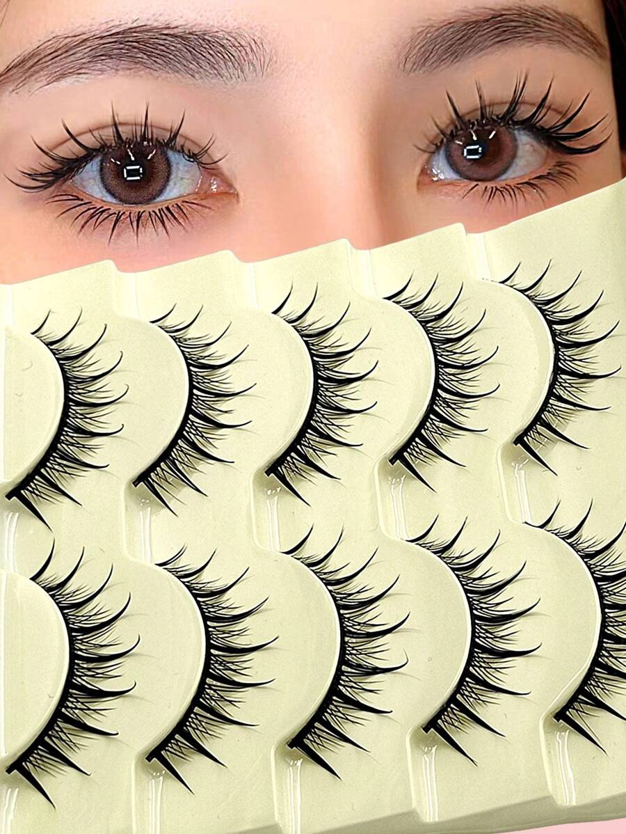 5 Pairs Asiteo Cartoon False Eyelashes, Moisturizing Glossy 3D Delicate Natural Curly Soft Lashes, Criss-Cross Fine Faux Mink Eyelashes - 尖尾漫畫款 - 查看 1